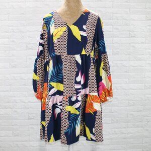 AMORETU Dress Layered Tunic Long Bishop Sleeves Abstract Geometric Blue - Small